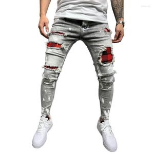 Pantalons pour hommes Mode Hommes Ripped Skinny Biker Plaid Patchwork Jeans Détruit Rayé Denim Crayon Hip Hop Pantalon StreetwearMen's Drak22