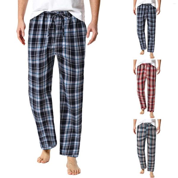 Pantalon pour hommes, pyjama à carreaux, ample, décontracté, vêtements avec cordon de serrage, taille élastique, bas de sommeil, 2024