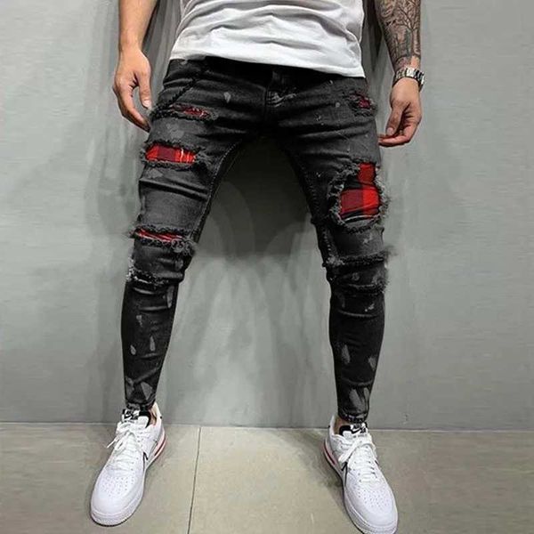 Pantalon masculin Mode Mens Skinny Ripped Jeans Grid Patches Patches Slim Fit Stretch Casual Denim Pantal