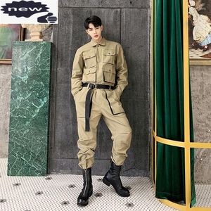 Herenbroek Fashion Militaire stijl Mens één stuk jumpsuit riem leger Army Green Multi -zakken Overalls Casual Hip Hop Loose Fit Cargo