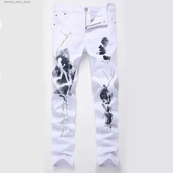 Pantalons pour hommes Mode Denim Peint Slim Fit Jeans Blanc Hommes Hip Hop Élastique Casual Cowboys Pantalon Hommes Impression Streetwear Jean Pantalon Q231201