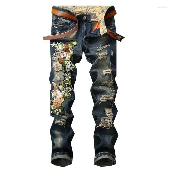 Pantalones para hombres Jeans rasgados para hombres Pantalones de motocicletas Azules Azules Slim Denim Rebolla Tigre bordado de la calle con estadías