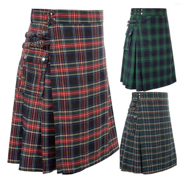Pantalones para hombres Moda Estilo escocés Plaid Contraste Color Bolsillo Falda plisada Hombres Ropa Ropa Hombre