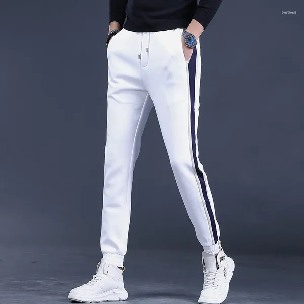 Pantalones para hombres Moda Lado Raya Deporte Hombres Otoño Blanco Slim Fit Elástico Cintura Cordón Pantalones de jogging