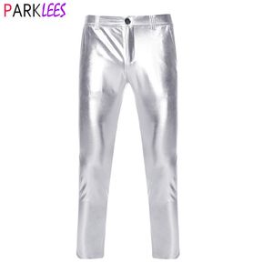 Pantalons pour hommes Mode Pantalon métallique enduit d'argent pour hommes Marque PU Faux Pantalon de moto Pantalon à jambe droite Discothèque Costume de scène 230308