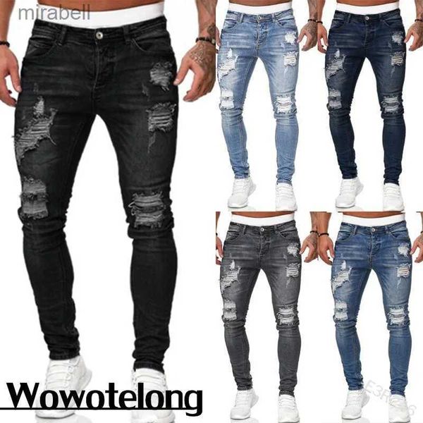 Pantalones de hombre Moda estilo callejero Jeans ajustados rasgados Hombres Lavado vintage Pantalón de mezclilla sólido Para hombre Casual Slim fit lápiz pantalones de mezclilla venta caliente YQ240108