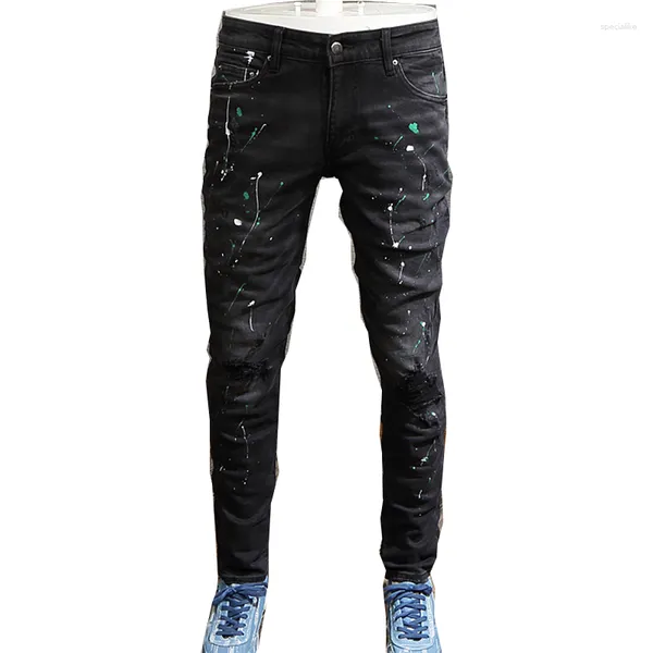 Pantalones de hombre Fashion Street Wear Black Skinny Tattered Jeans Punk Designer Hip Hop