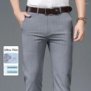 Pantalon masculin mode rayé ultra-mince affaires costume occasionnel travail formel pantalon droit mâle noir gris