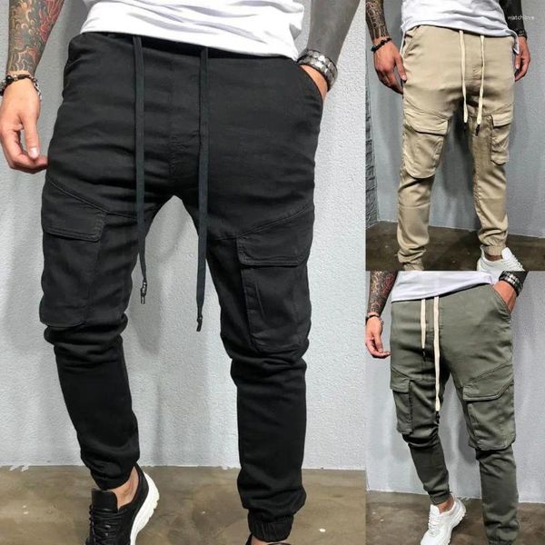 Pantalones para hombres flojos de entrenamiento de moda ajustado tácteo tácteo sólido color sólido hombres con cordón de carga