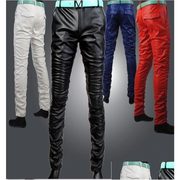 Pantalones para hombres Personalidad de moda para hombre Cuero apretado Versión coreana Pies delgados Blanco y negro Rojo PU Drop Entrega Ropa Ropa Dhavg