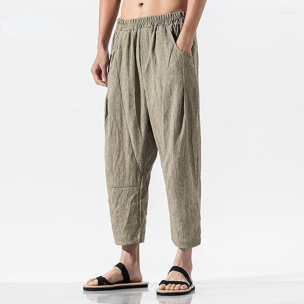 Pantalones de hombre a la moda, pantalones bombachos informales negros para hombre, pantalones de verano 2022 de algodón y lino para hombre, pantalones de estilo chino liso hasta la pantorrilla, Drak22 para hombre