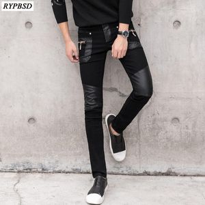 Pantalon homme simili cuir pantalon mode fermeture éclair hommes jean slim coupe ajustée Patchwork Denim décontracté haute qualité noir motard