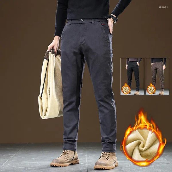 Pantalones para hombres de lana Casual para hombres Otoño Invierno Corte recto trabajo de negocios largo 2023 moda gruesa pantalones de oficina cálidos