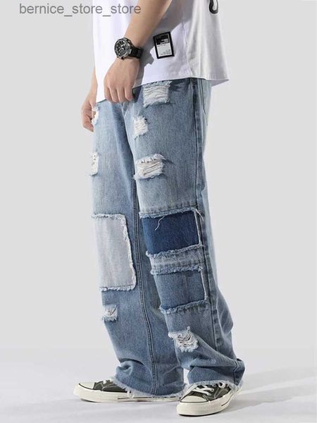 Pantalons pour hommes Quatre saisons Jeans pour hommes Streetwear Patchwork Frange brodée Hip Hop Pantalon en denim ample surdimensionné Color Block Patchwork Q231201