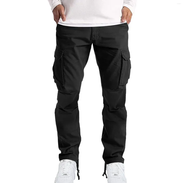 Pantalon pour hommes quatre saisons Street Sports décontractés Double conception plissée Couleur unie Multi-poches Tube droit Hommes Cargo Coupe décontractée