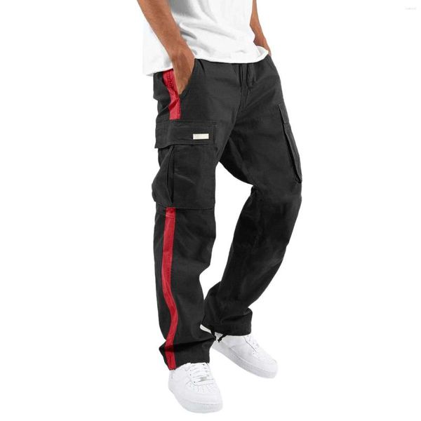 Pantalons pour hommes quatre saisons Street Loisirs Sports Multi Poche Pied Corde Taille À Lacets Patchwork Ruban Standard Tissé Cargo Stripe