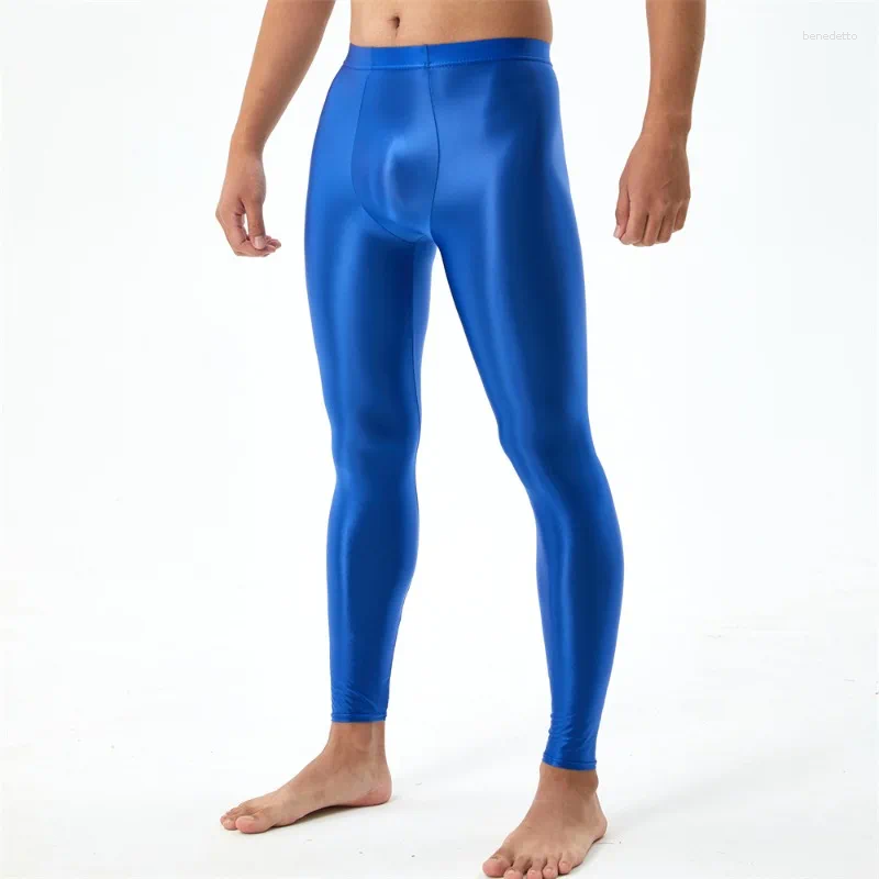 Men's Pants Glossy Satin Leggings Man Gym High Waist Skinny Sheer Sexy Smooth Yoga See Through Sports Tights Men Trousers