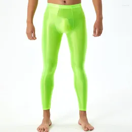 Pantalon pour hommes brillant couleur unie leggings taille élastique serré yoga sport course fitness longue recadrée