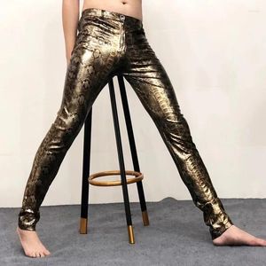 Pantalon pour hommes Gold Silver Snake Motif Shinny Cuir Sexy Discothèque Streetwear Pantalon Stretch Serré Hommes Costumes Anti-Bright PU Pant