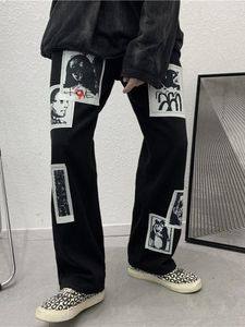 Herenbroek Goth Punk Mannen Toevallige Zwarte Patch Wijde Pijpen Broek Baggy High Street Broek Anime Rechte Bodems Streetwear Vrouwen Kleding