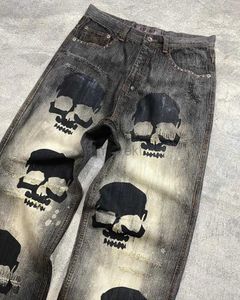 Pantalones para hombres Góticos Punk Calavera Gráfica Impresión de gran tamaño Jeans de cintura alta para mujeres Y2K Hip Hop Streetwear pareja de piernas anchas D240425