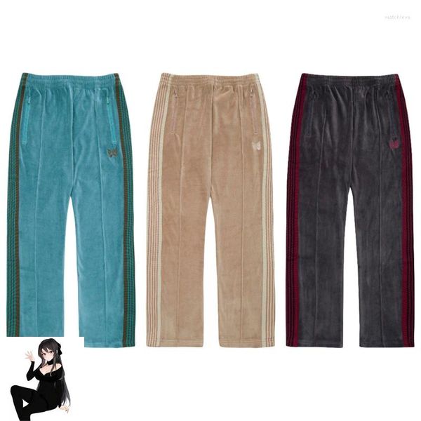 Pantalones para hombres Gris Caqui Agujas azules Terciopelo Bordado Mariposa Raya Pantalones 1: 1 Pantalón de chándal suave Suelto de alta calidad AWGE Trackpant para hombres