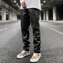 Pantalons pour hommes Harajuku Black Pu Pantalon en cuir pour hommes Y2K Streetwear Baggy Pantalon décontracté droit Unisexe Hip Hop Surdimensionné Cargos en vrac 231121