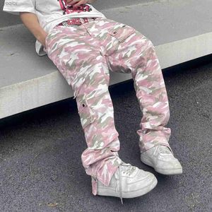 Pantalon masculin harajuku camouflage femme pantalon blippe hip-hop avec plusieurs poches camouflage rose micro mens mens y2k ultra-mince vêtements