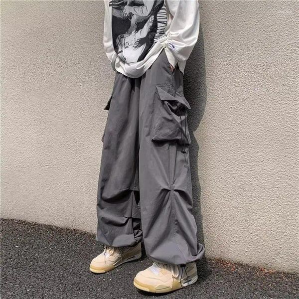 Pantalones para hombres Harajuku Cintura elástica Big Pocket Cargo Hombres Streetwear Primavera Otoño Pierna ancha Joggers Color Sólido Oversize Baggy Y2k