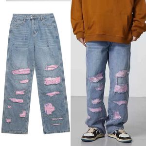 Herenbroek Harajuku retro blauw roze gescheurde losse jeans heren y2k streetwear go punk oversized casual bedelaarbroek dames wijd been berdal g230422