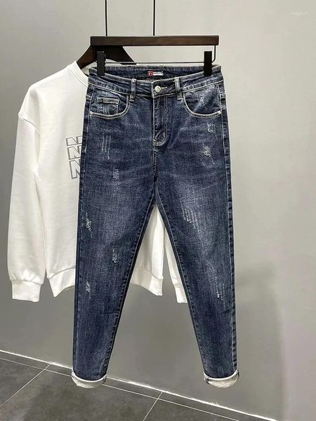 Pantalones para hombres Harajuku Primavera Otoño Ripped Denim Jeans Cowboy Trabajo Diseñador Casual Coreano Street Fashion Adolescente Lápiz Azul