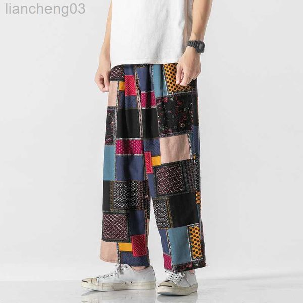 Pantalons pour hommes Harajuku Style Hommes Sarouel Mode Jambe Large Droite Casual Patchwork Pantalon Mâle Lâche 2023 Coton Lin Pantalon M-3XL W0414