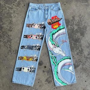 Mannen Broek Harajuku Vintage Jeans Y2K Anime Print Patroon Hoge Taille Wijde Pijpen Streetwear Mannen Vrouwen Mode Esthetische Baggy