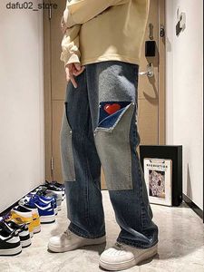 Pantalon masculin harajuku jambe large jeans baggy pantalon les hommes aiment le coeur orienté denim droit brutton cargo long pantalon streetwear dent new Q240417