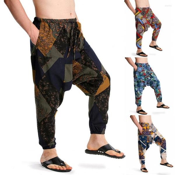 Pantalon homme Harem mode imprimé grand entrejambe cheville attaché coupe ample Streetwear bas Baggy pantalon Boho pour les femmes en plein air