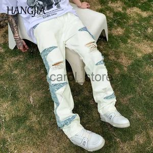 Herenbroeken Zware industrie Jacquard Patchwork Witte Jeans Heren Stree Twear Hip Hop Washed Destroyed Ripped Jeans Broek voor mannen Slim Fit J231208