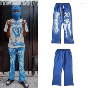 Pantalones para hombres Hellstar Mens Blue Retro Mud Print Distressed Sports Casual High Street y Bell-Bottoms de mujer