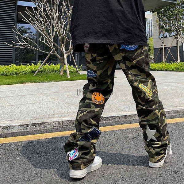 Pantalons pour hommes Jeans de camouflage haut Patch brodé Streetwear Marque de mode Pantalon cargo droit américain H1223 240308