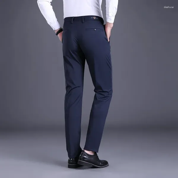 Pantalon pour hommes haut de gamme brodé en soie glacée décontracté affaires coupe ajustée travail élastique été