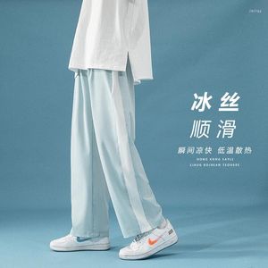 Herenbroek Hoge kwaliteit Cool Summer Ice Silk voor mannen Koreaanse mode Ademnel negen inch ins los rechte breedbeen casual