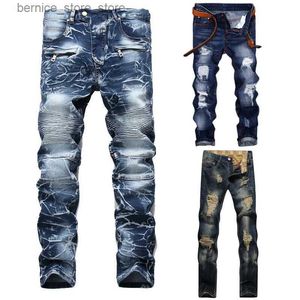 Herenbroeken Hoge kwaliteit heren casual gescheurde jeans Gewassen rechte slanke geplooide motorfiets biker jeans Broek Mannelijke denim broek Plus maat 42 Q231201