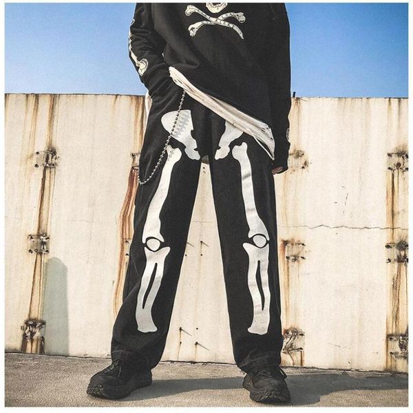 Pantalon homme haute qualité squelette imprimé jean hommes Hip Hop Harem Halloween Vintage Denim Streetwear jambe large droite Baggy Cargo
