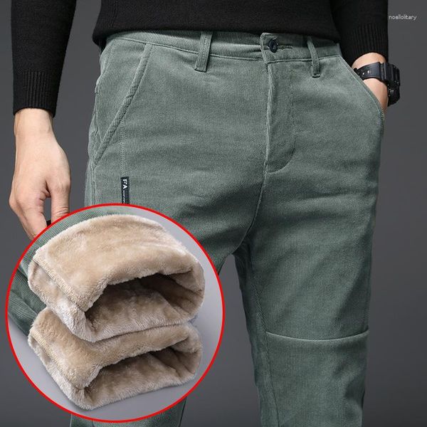 Pantalones para hombres de alta calidad delgada de vellón de invierno tibio hombres espesos de moda de negocios