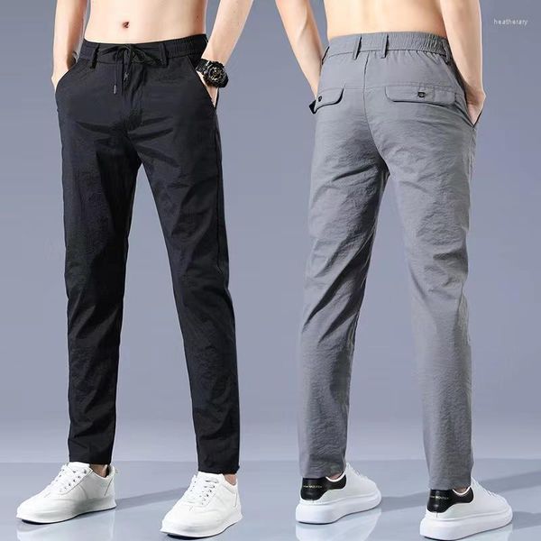 Pantalon homme haute qualité été mince glace soie décontracté homme droit Stretch Slim Fit taille élastique pantalon