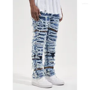 Herenbroek High Street Designer Draag Retro grote schade mes Cut Contrast Kleur Distressed modemerk bedelaarstijl slanke stretch jeans