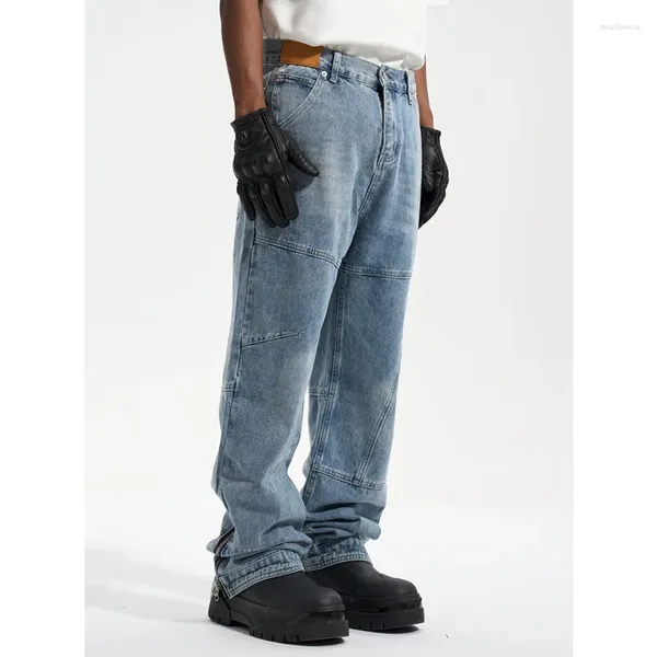 Pantalones para hombres Diseñador de calles High Street Desgaste 3D Corte lateral de corte con cremallera lavada y usada jeans sueltas casuales