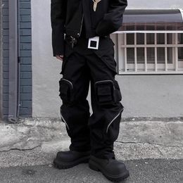 Pantalones de hombre High Street Multi-pokcets funcional pierna ancha Cargo Unisex negro recto holgado Y2K overoles pantalones sueltos de gran tamaño