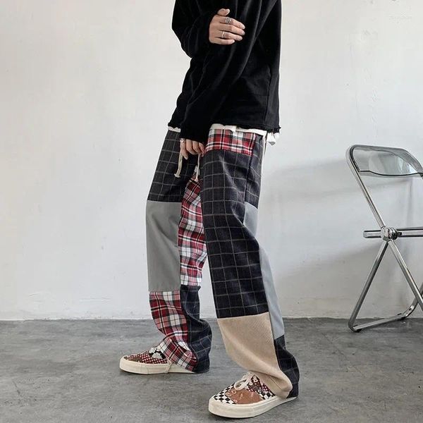 Pantalons pour hommes High Street Plaid Patchwork Casual Hommes Printemps Style Coréen Couleur Collision Pleine Longueur Jambe Droite Streetwear Mâle