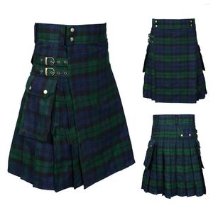 Pantalon pour hommes jupe taille haute pour femmes mignon H mode style écossais plaid contraste couleur poche plissée tenue décontractée verte