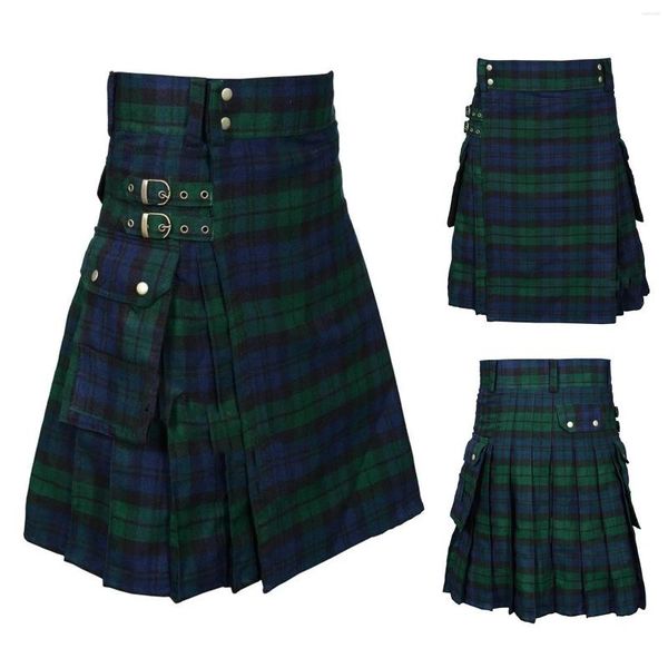 Pantalones para hombres Falda de cintura alta para mujeres Lindo H Moda Estilo escocés Cuadros Contraste Color Bolsillo Plisado Vestido casual verde